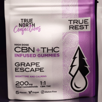 Photograph of product: True North Collective   5 X 20mg 1:1 Thc:Cbn Gummies   Grape Escape Rest