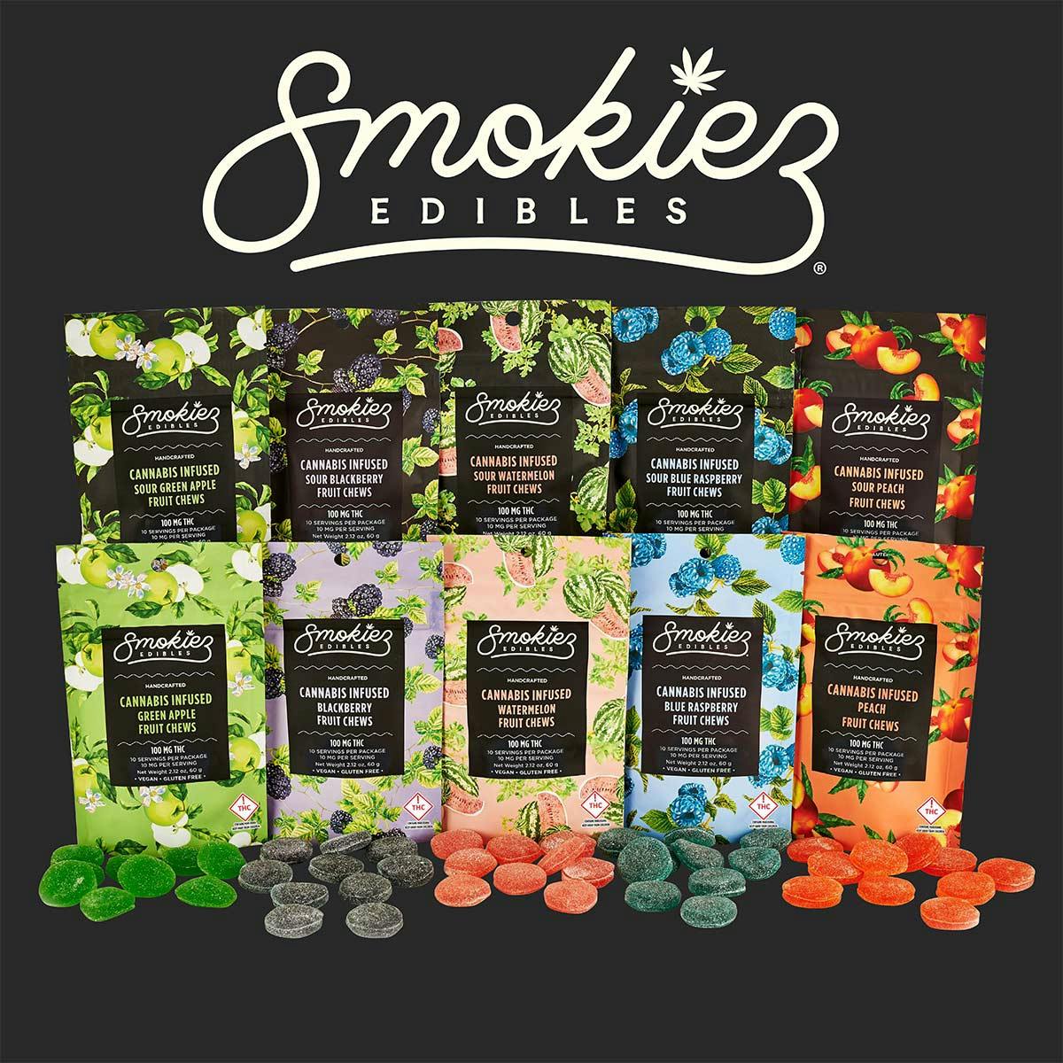 Photograph of product: 100mg 10pc 1:1:1 TH-ouiV:TH-oui:CBD Sour Cherry - Fruit Chews - Smokiez