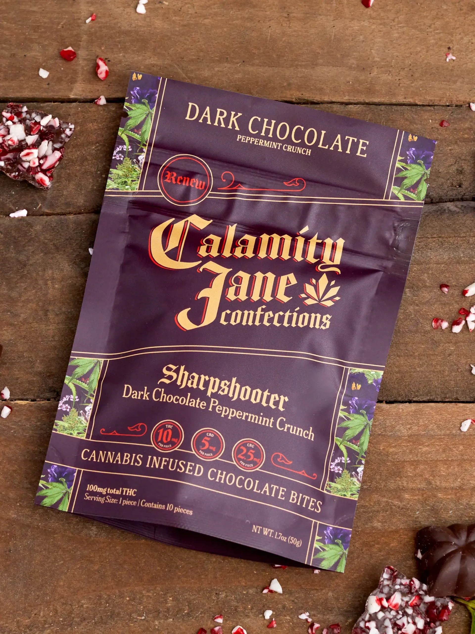 Photograph of product: Calamity Jane | Sharpshooter | Dark Chocolate Peppermint Crunch | 100mg