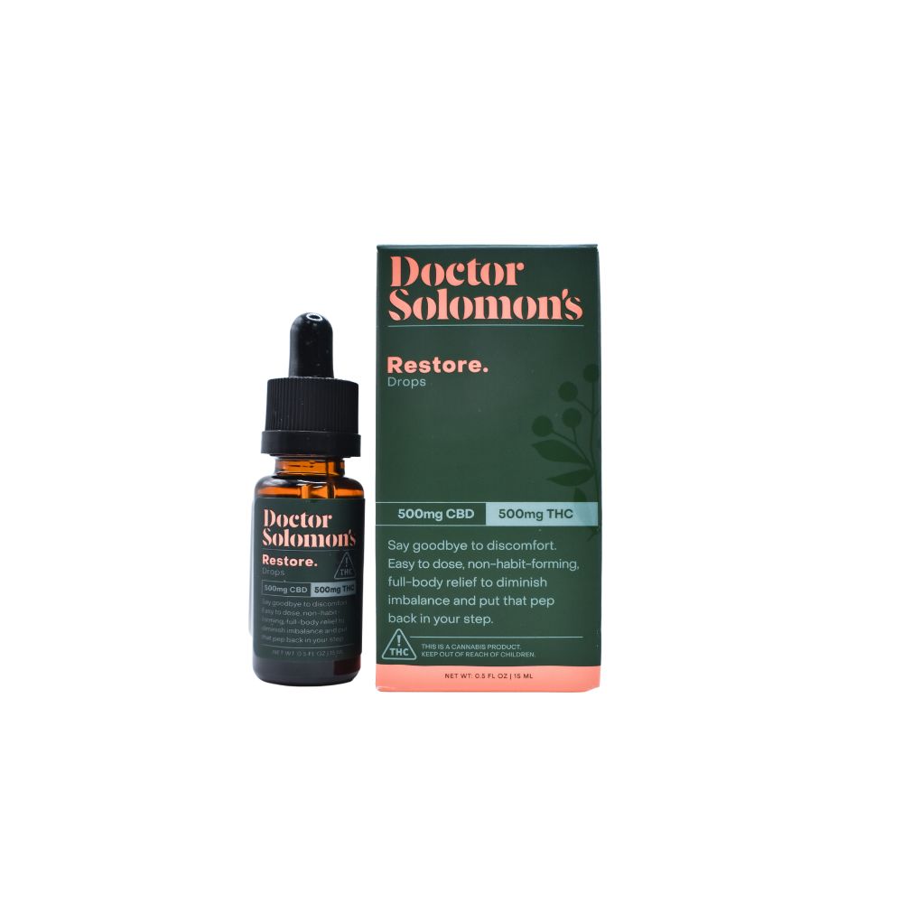 Photograph of product: Dr. Solomon's Restore 1:1 CBD:TH-oui Tincture 1000mg