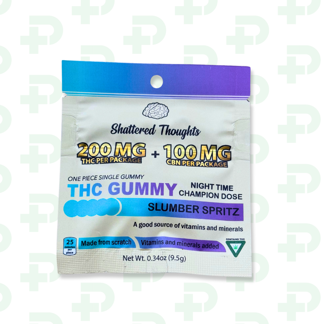 Photograph of Product: Shattered Thoughts Single 200mg THC 100mg CBN Gummy - Slumber Spritz