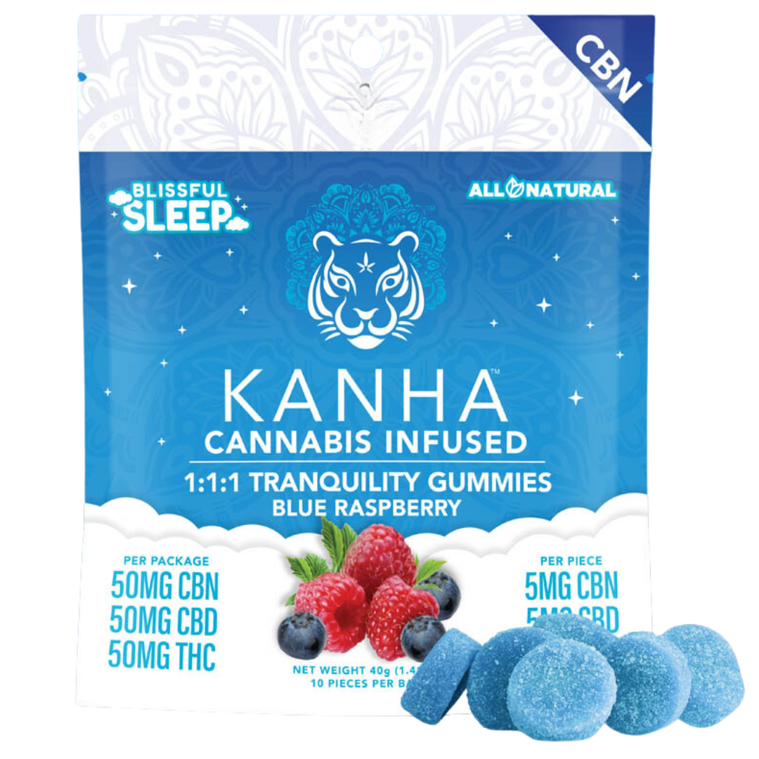 Photograph of product: Tranquility | Blue Raspberry | 1:1:1 THC : CBD : CBN + Mel | 10pk
