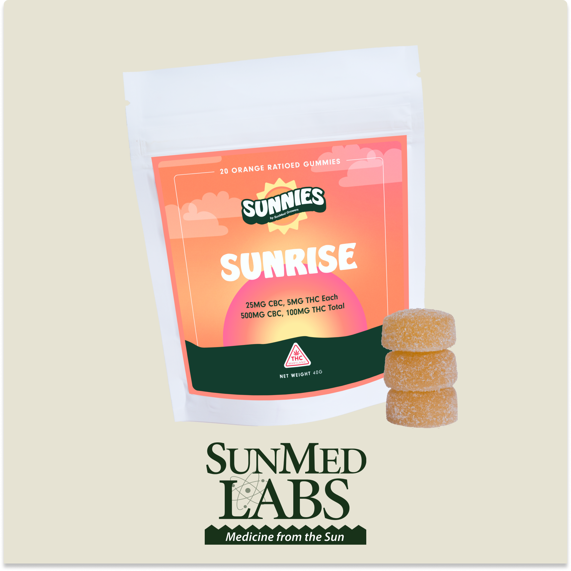 Photograph of product: SunMed: Sunnies - Sunrise Orange 1:5 TH-oui:CBC Chews 100mg