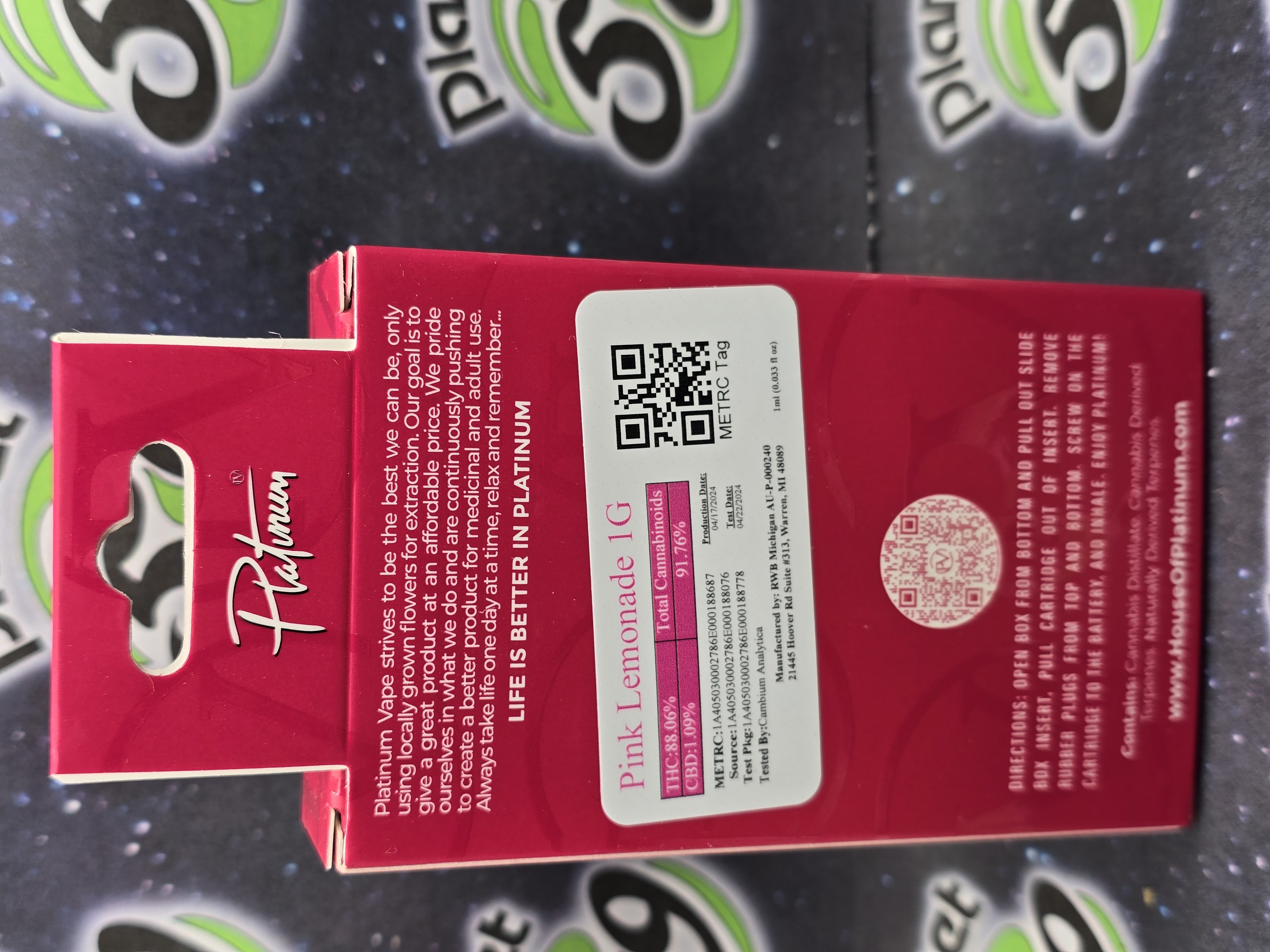 Photograph of product: Platinum Vape | Pink Lemonade Cartridge (H)