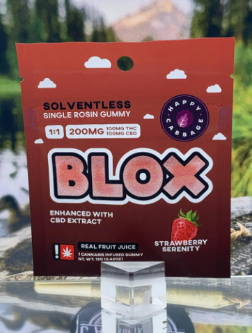 Photograph of product: Happy Cabbage - Blox Strawberry Serenity 1:1 CBD Solventless Gummy