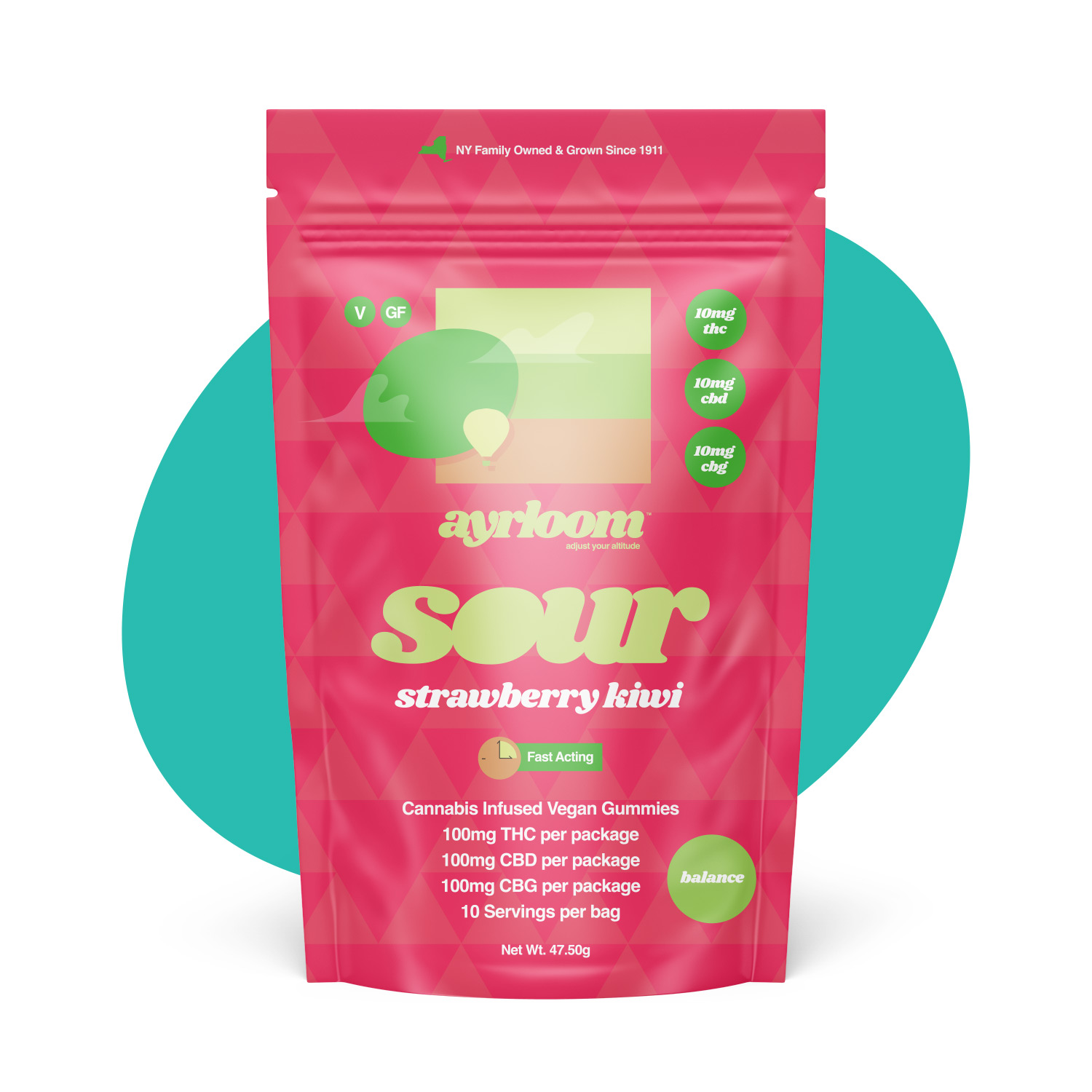 Photograph of Product: Ayrloom | Sour Strawbery Kiwi 1:1:1 | 10MG THC : 10MG CBD : 10MG CBG 10 Pack