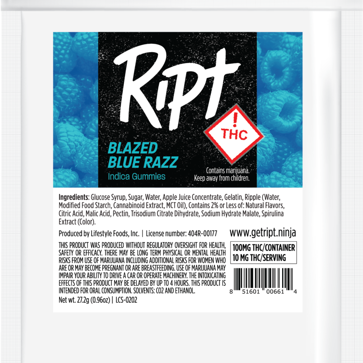 Photograph of product: Blazed Blue Razz (I) 100mg Sour Gummies