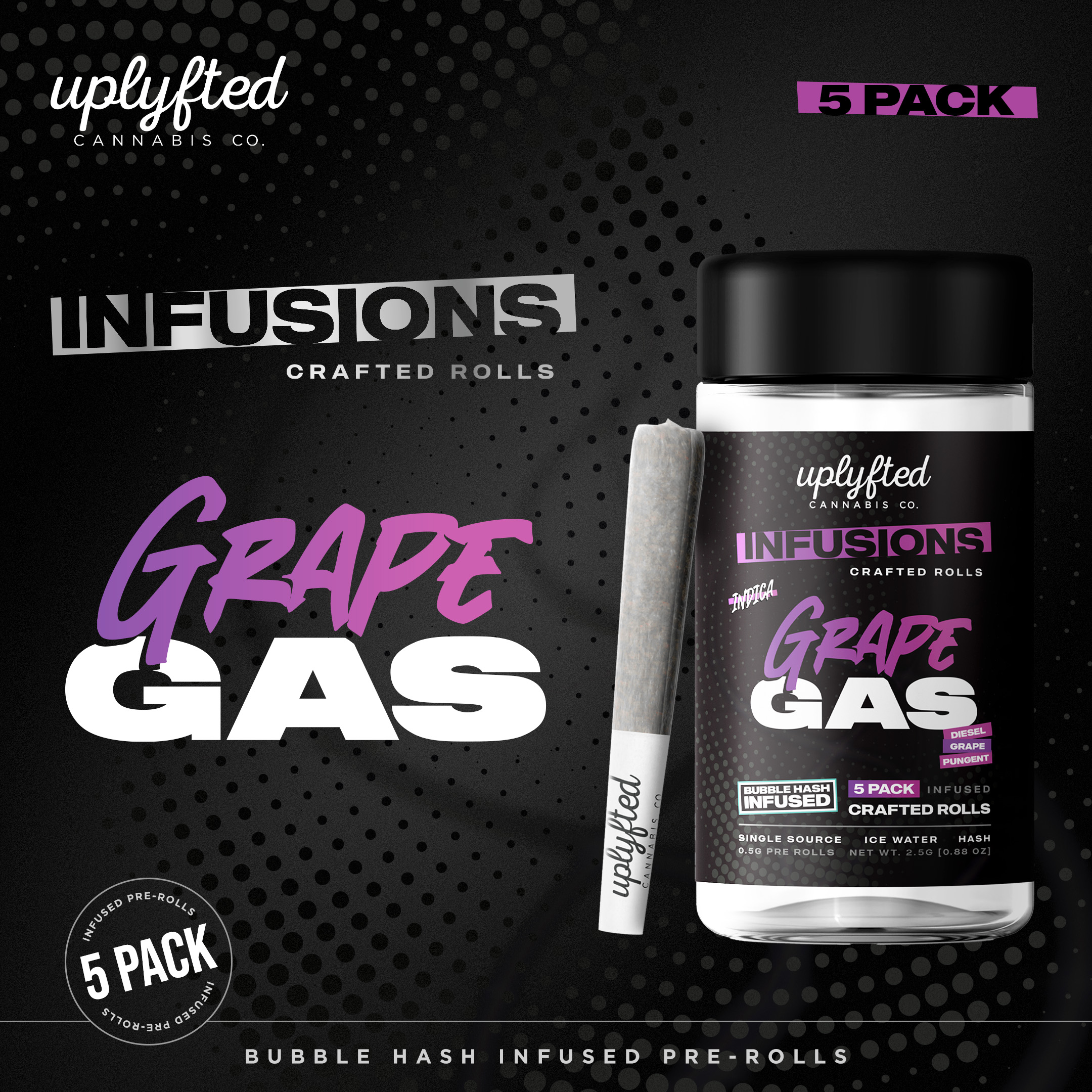 Photograph of product: Uplyfted Grape Gas Infused Pre-Rolls (5 x 0.5g)