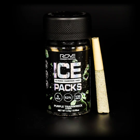 Photograph of product: Purple Trainwreck - Rosin, Diamond, au chocolat Infused Ice Pack Preroll 5pk