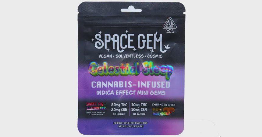 Photograph of product: Space Gem | Sweet Fig + Blackberry (1:1) | 2.5mg THC x 2.5mg CBD x 20 Gummies w/ Reishi Mushroom