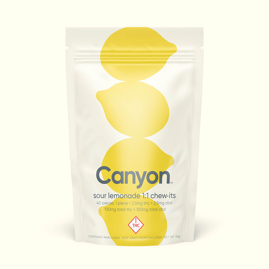 Photograph of product: Chew It | Gummies | Sour Lemonade 1:1 (100mg TH-oui/100mg CBD)