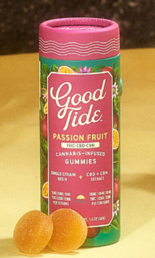 Photograph of product: Good Tide - Passion Fruit Gummies - TH-oui:CBD:CBN - 1:1:1 - 10Pk