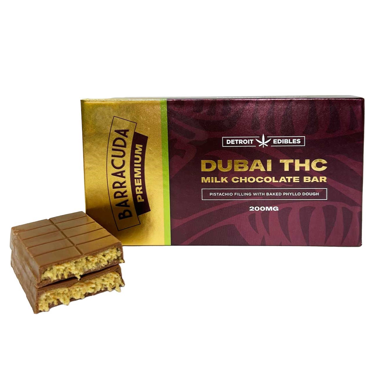 Photograph of product: Detroit Edibles Dubai Milk Chocolate Barracuda Bar | 200mg