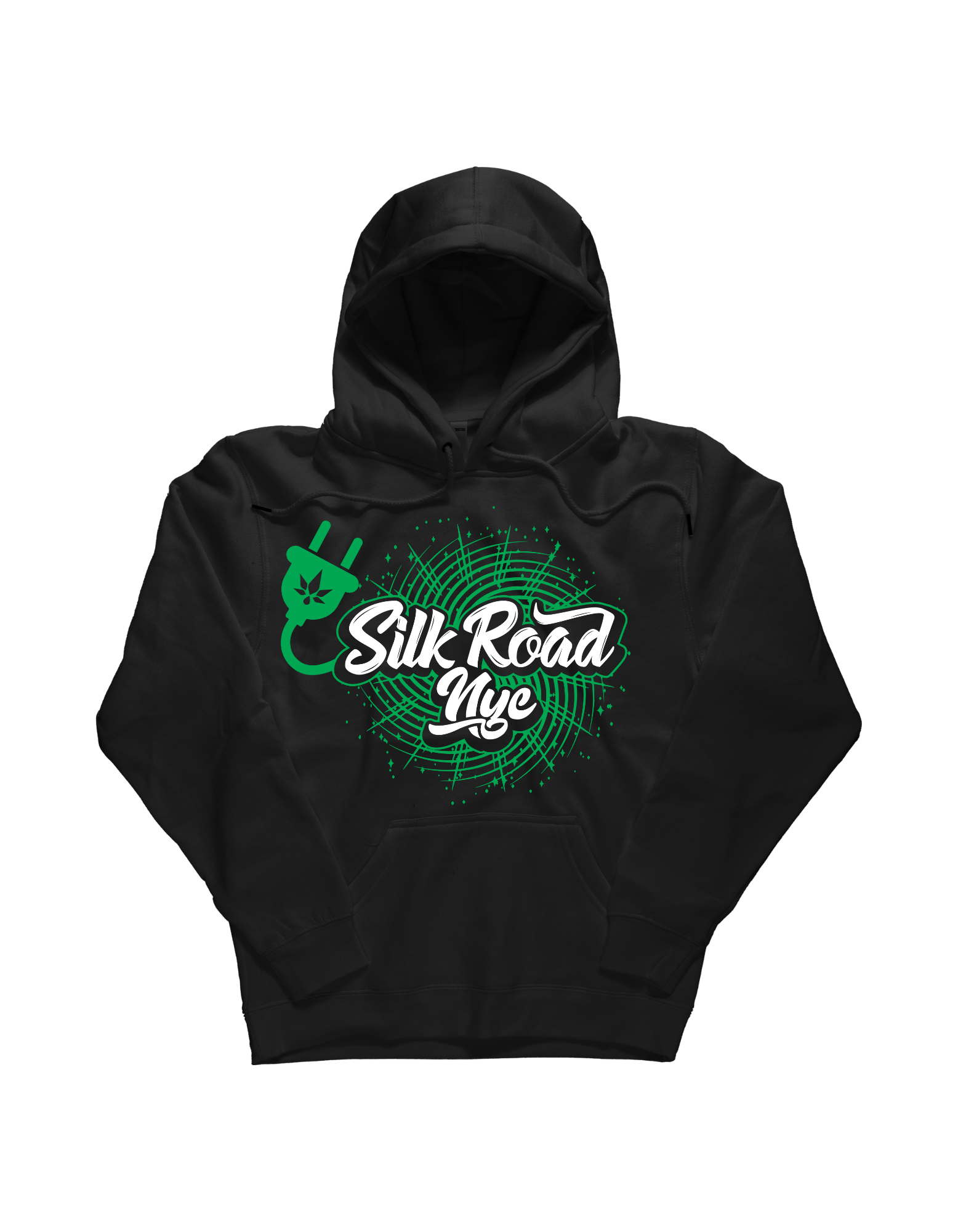 Photograph of Product: Silk Road NYC- Green Plug Web Logo- Black Hoodie- 2XL