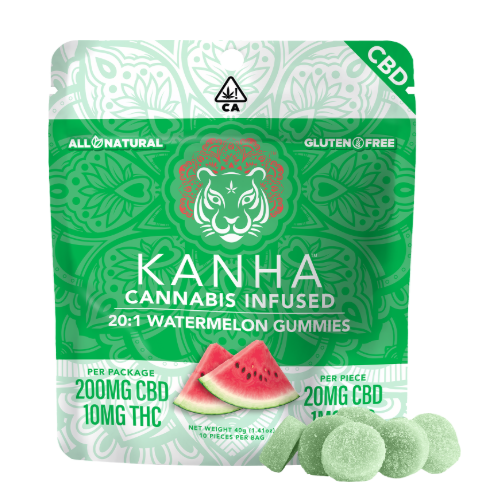 Photograph of product: 20:1 WATERMELON CBD GUMMIES 10 PACK 200MG