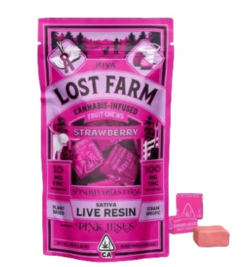 Photograph of product: Strawberry Pink Jesus Lost Farm Chews (S) 100mg - Kiva Confections - Retail