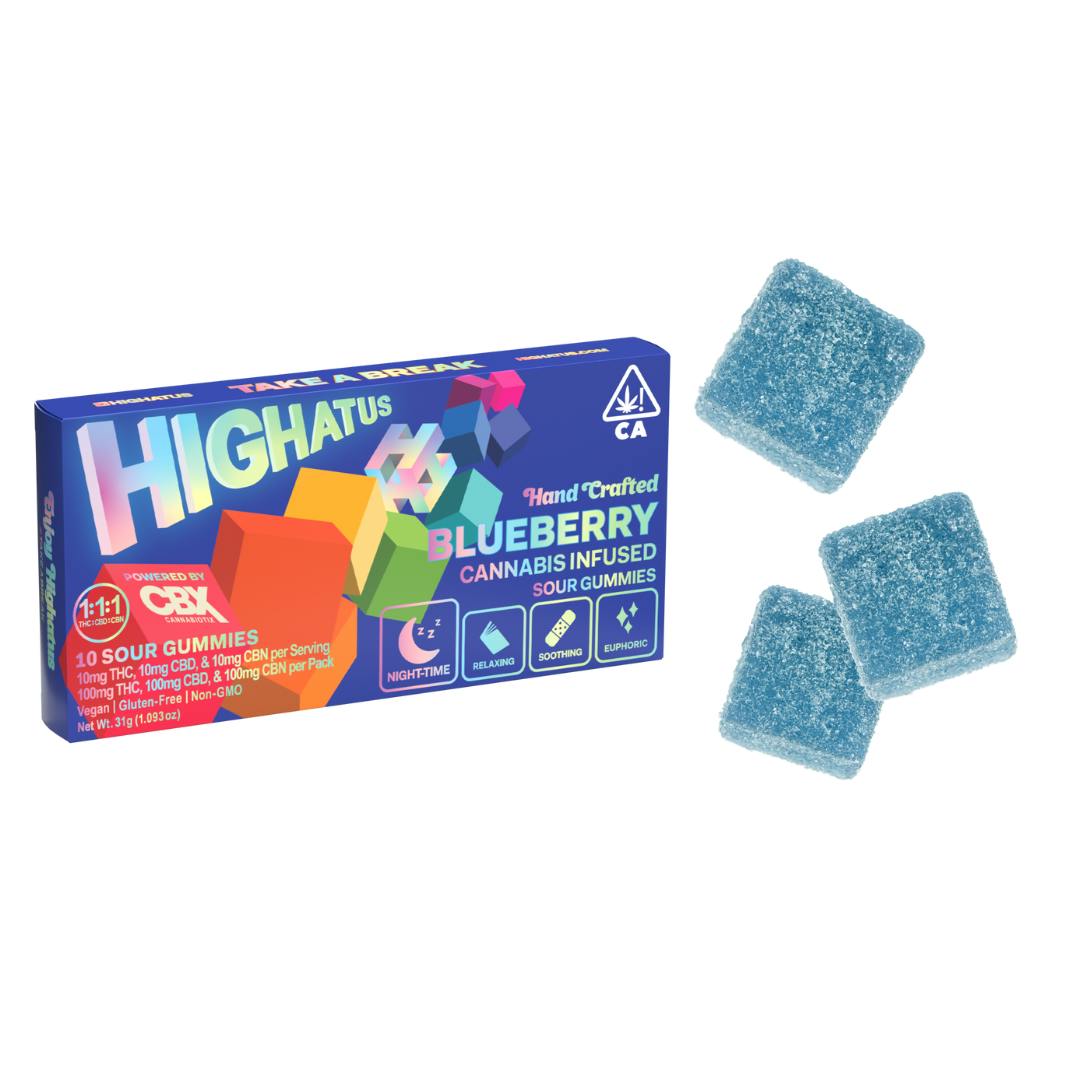 Photograph of product: HIGHATUS | BLUEBERRY | 1:1:1 CBD:THC:CBN GUMMIES | 10PK