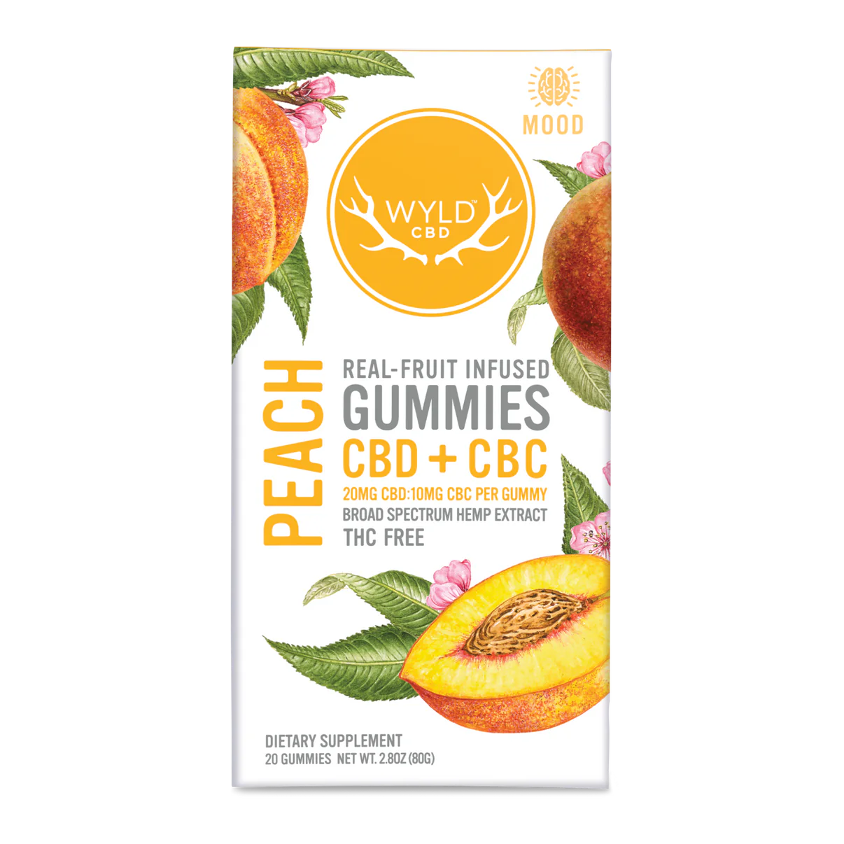 Photograph of product: Wyld CBD | Peach CBD + CBC Gummies | 400mg CBD/200mg CBC THC-Free | MOOD | 20ct (20mg CBD/10mg CBC per)