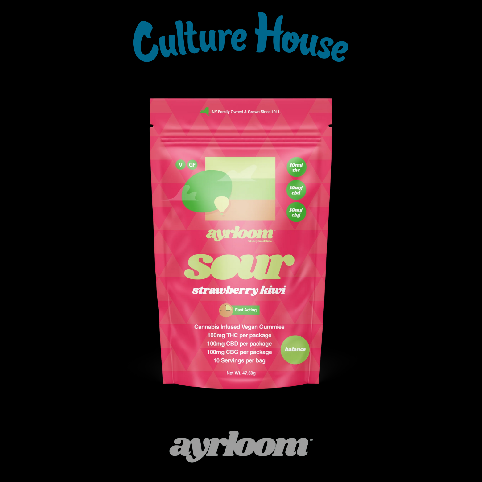 Photograph of product: Ayrloom | Sour Strawberry Kiwi | 1:1:1 TH-oui:CBD:CBG | 100mg