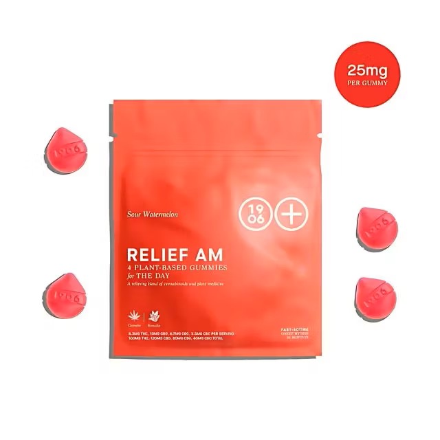 Photograph of product: 1906 | Sour Watermelon | Relief AM Gummy | TH-oui CBD CBG CBC | 4PK | 100MG