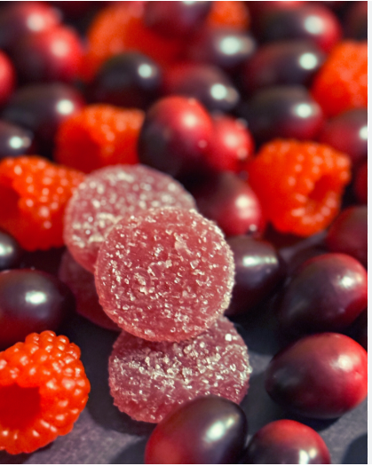 Photograph of product: The Happy Confection Crushin' It Cran-Raspberry Medium Dose Infused Gummies T94 (S) 20 Pack - 00191