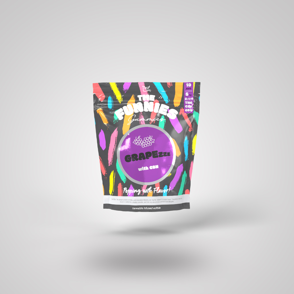 Photograph of product: Grapezzz 2:1:1 | 5mg TH-oui: 2.5mg CBN: 2.5mg CBG | 10pk Gummies | The Funnies Gummies
