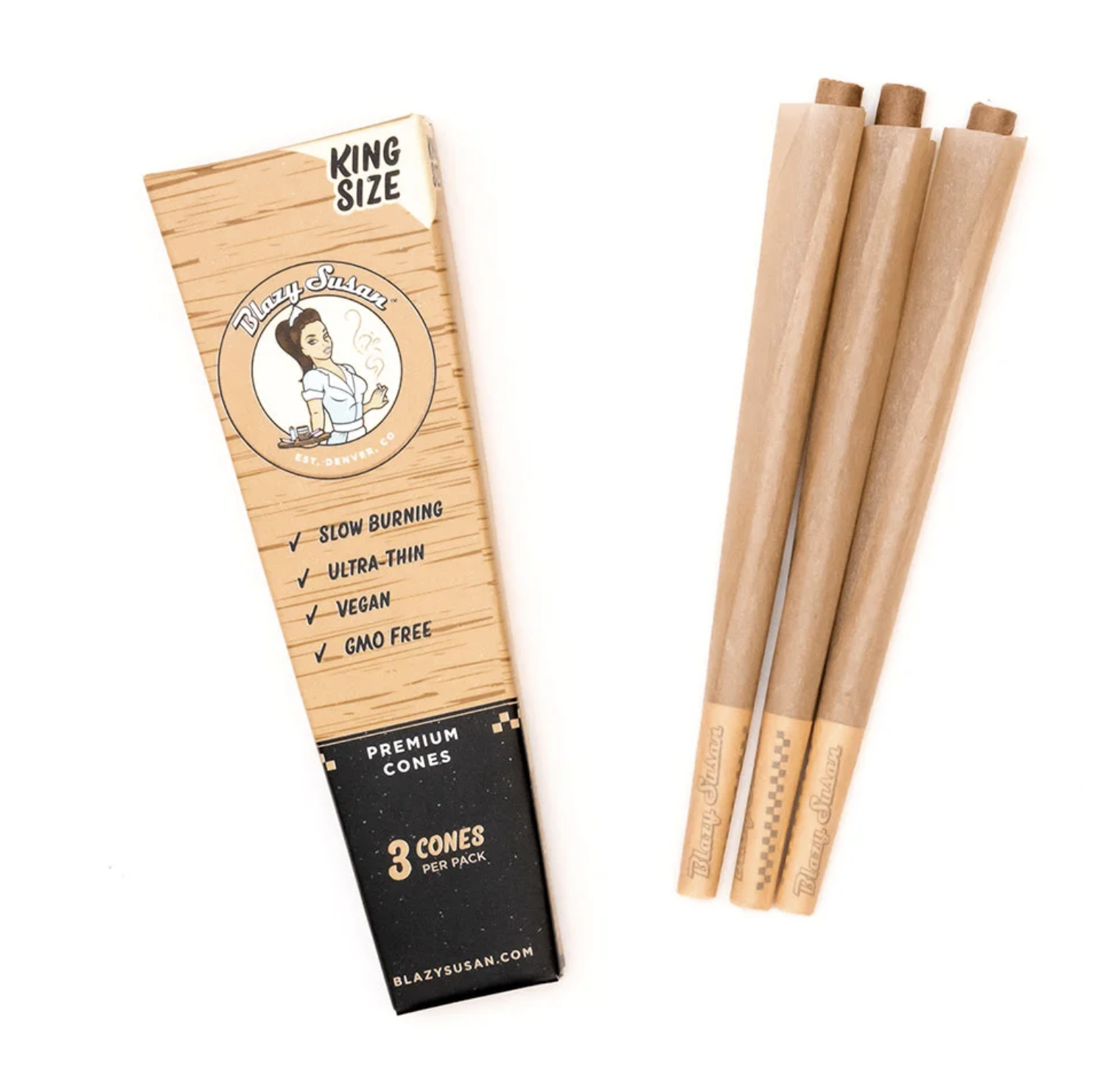 Photograph of product: BLAZY SUSAN KING UNBLEACHED PRE ROLLED CONES KING SIZE