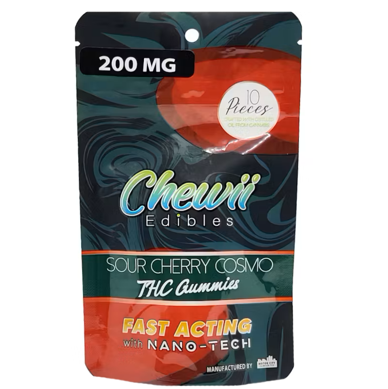 Photograph of product: Chewii Fast-Acting Sour Cherry Cosmo Gummies 200mg Rec