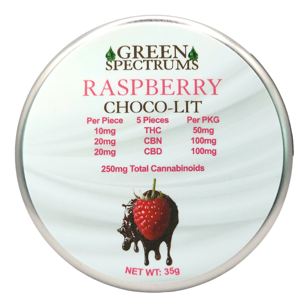Photograph of Product: Green Spectrums | Chocolate | 5pk | Raspberry Choco-Lit | 50mg THC : 100mg CBD : 100mg CBN