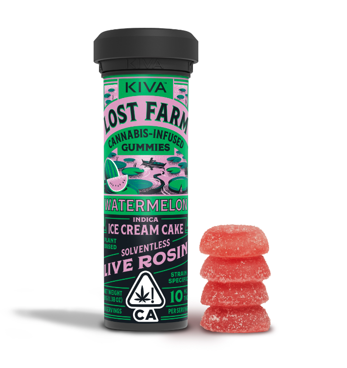 Photograph of product: Watermelon Lost Farm - 100mg Live Rosin Gummies | Ice Cream Cake Strain | Kiva Edibles