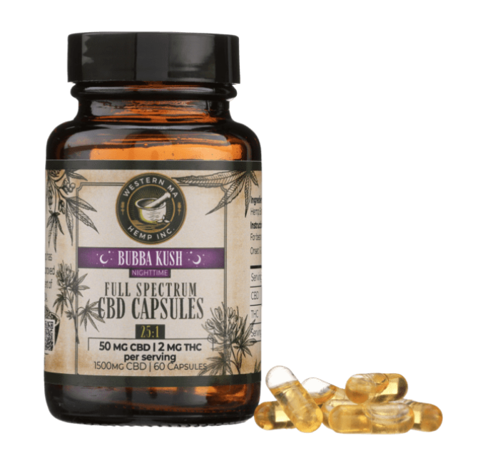 Photograph of product: Western MA Hemp | 25:1 Bubba Kush | CBD Capsules | 60 units