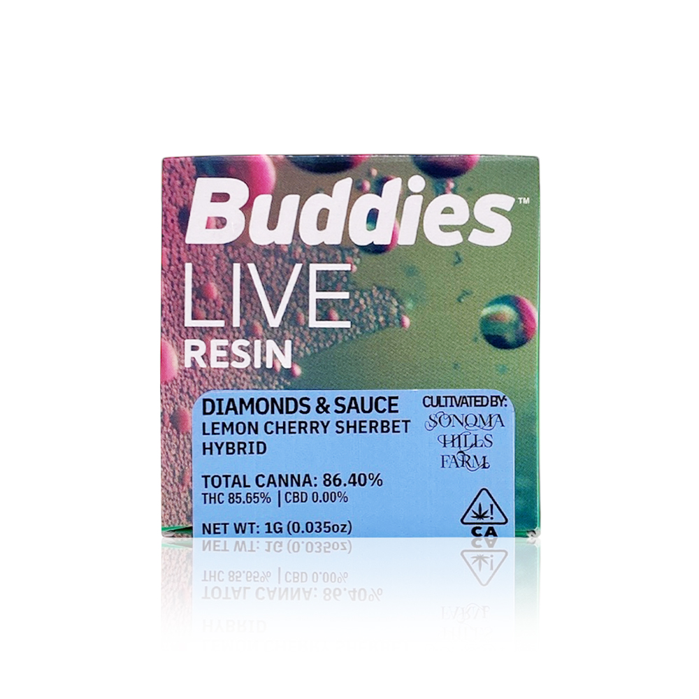 Photograph of product: BUDDIES - Concentrate - Cherry Cheesecake - Live Resin Diamonds & Sauce - 1G