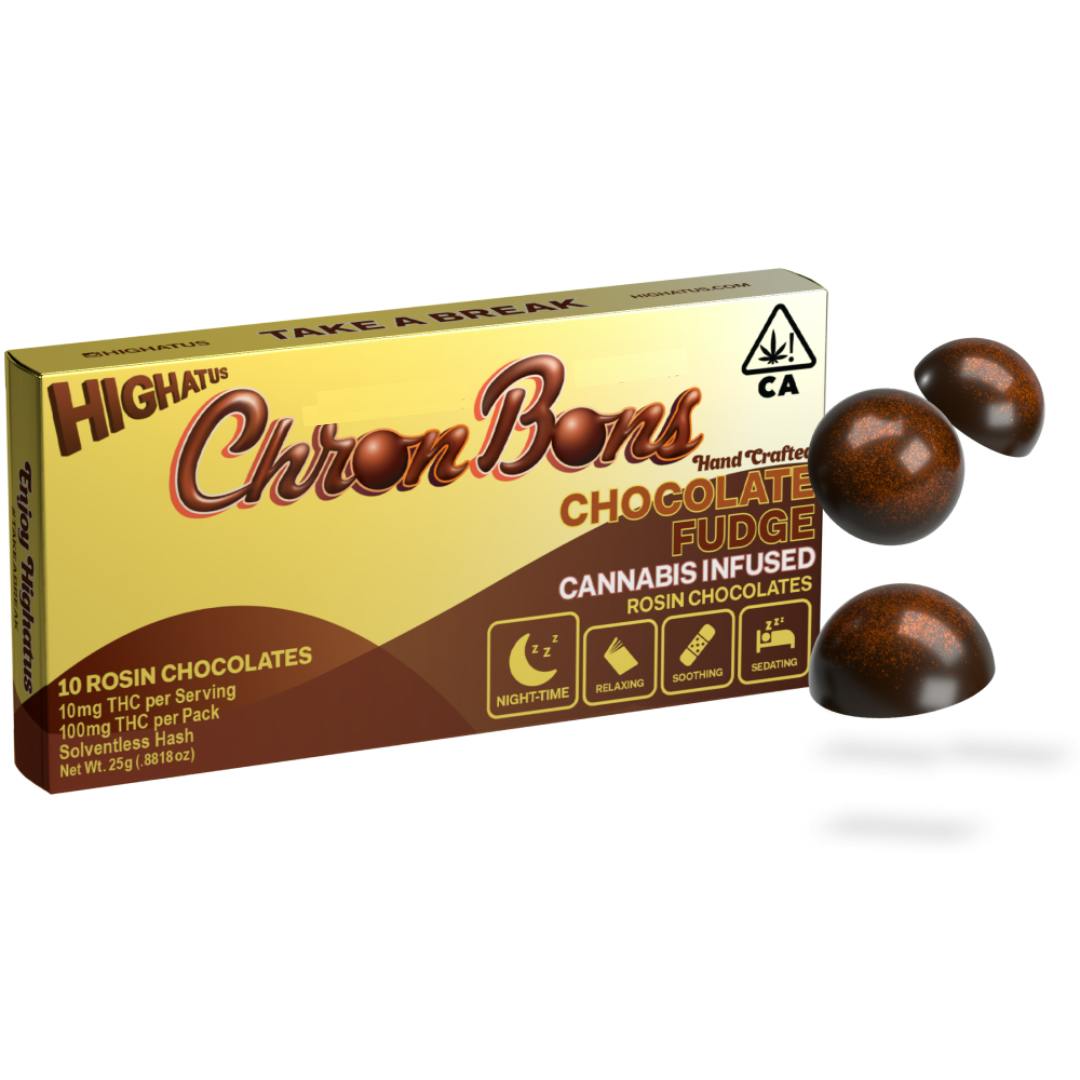 Photograph of product: HIGHATUS | CHOCOLATE FUDGE | 10MG ROSIN CHOCOLATES | 10PK
