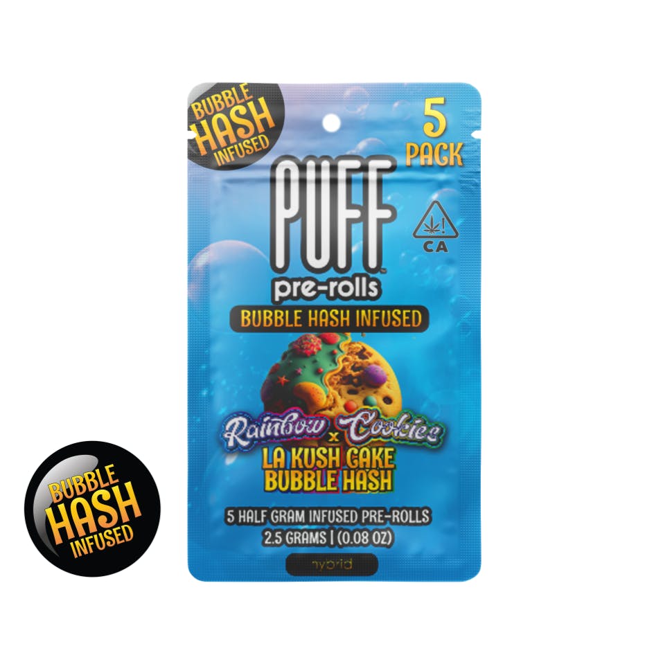 Photograph of product: PUFF | Rainbow Cookies (h) x LA Kush Cake Bubble au chocolat Infused Pre-Rolls .5g/5-pack