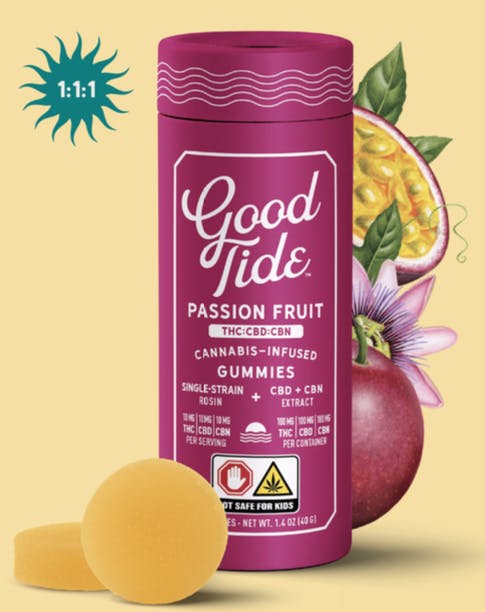 Photograph of product: Good Tide | Passion Fruit | Oui'd | Edibles | 1:1:1 | TH-oui:CBD:CBN | 100mg