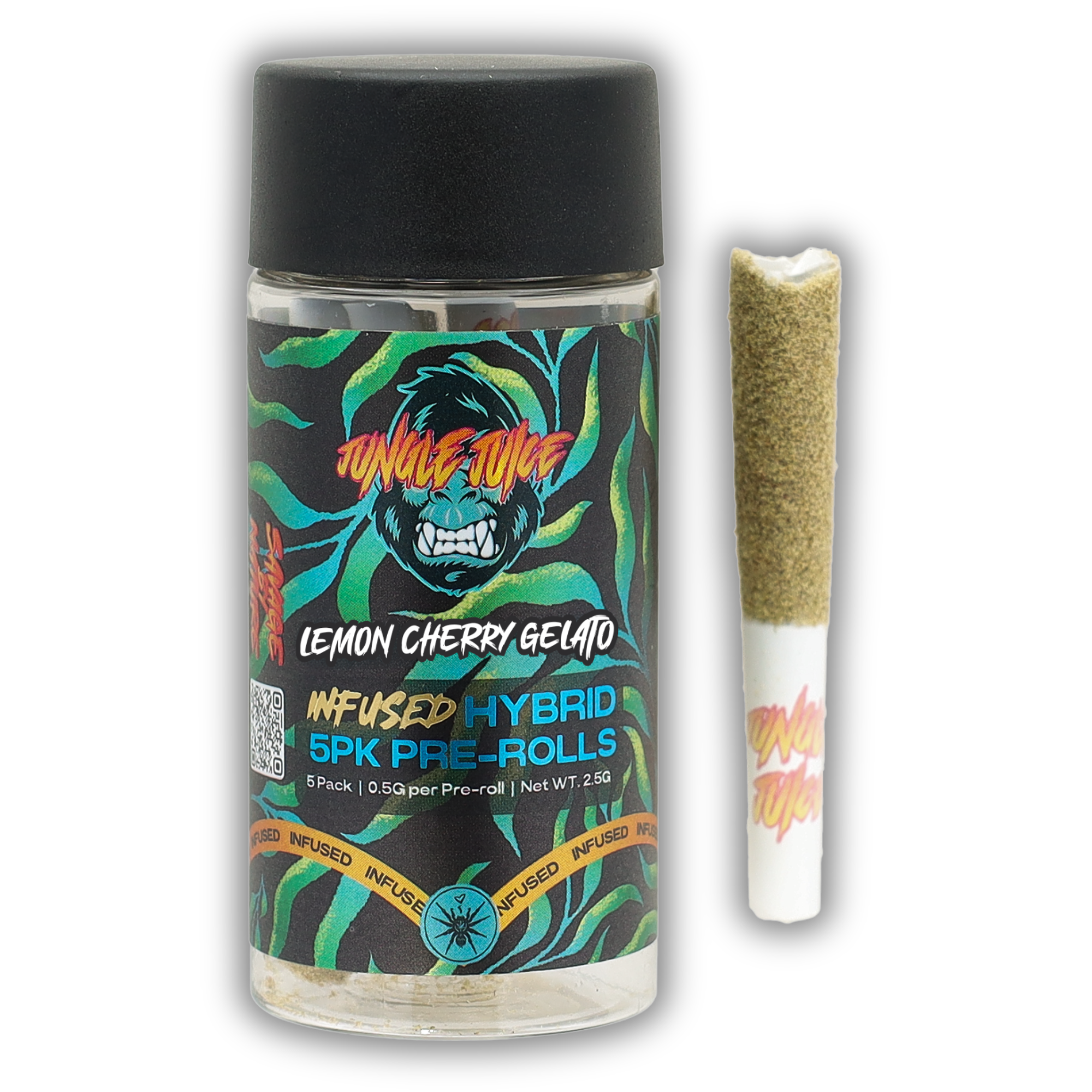 Photograph of product: Jungle Juice | Infused Pre-Roll 5 Pack | Tarantulas | Lemon Cherry Gelato | 0.5g x 5