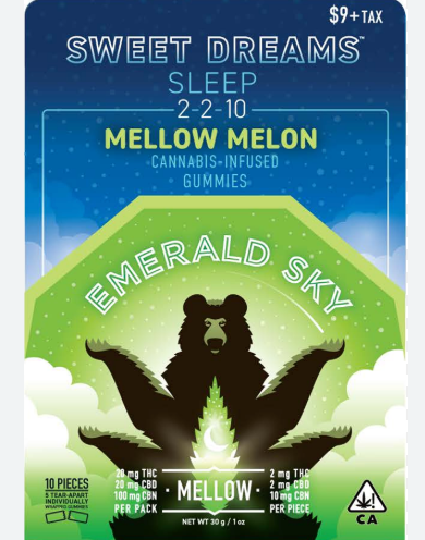 Photograph of product: Emerald Sky Sweet Dreams Mellow Melon Oui'd Gummies 2mgTH-oui:2mgCBD:10mgCBN 5PK 20MG