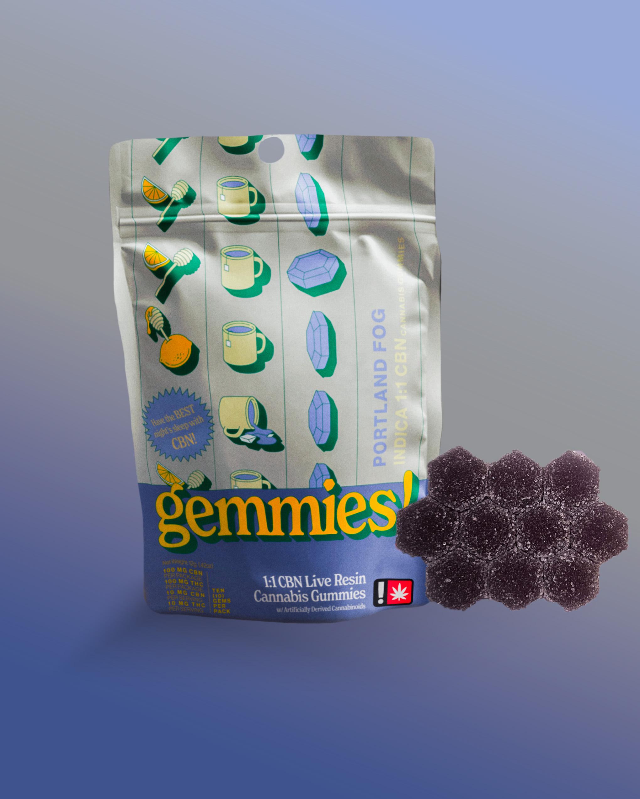 Photograph of product: Gemmies Portland Fog 1:1 TH-oui:CBN 100mg 10 Pack