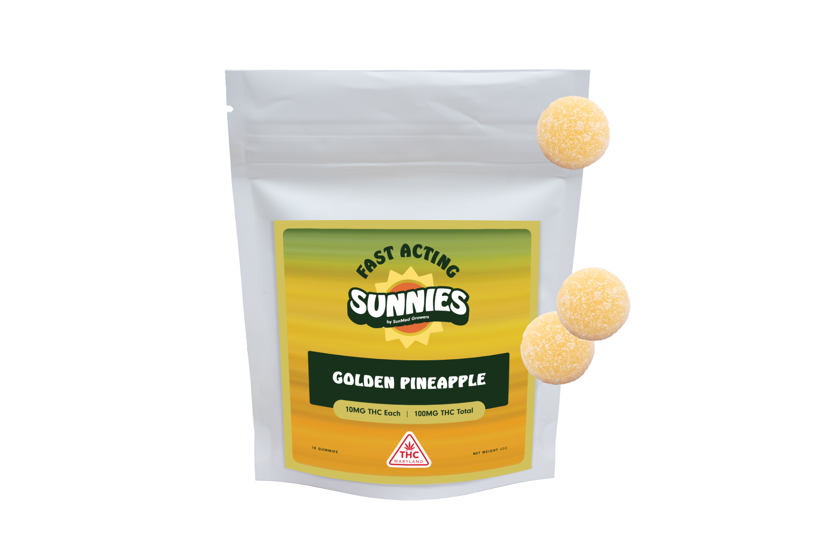 Photograph of product: Sunnies Golden Pineapple Fast Acting Gummies 100mg TH-oui