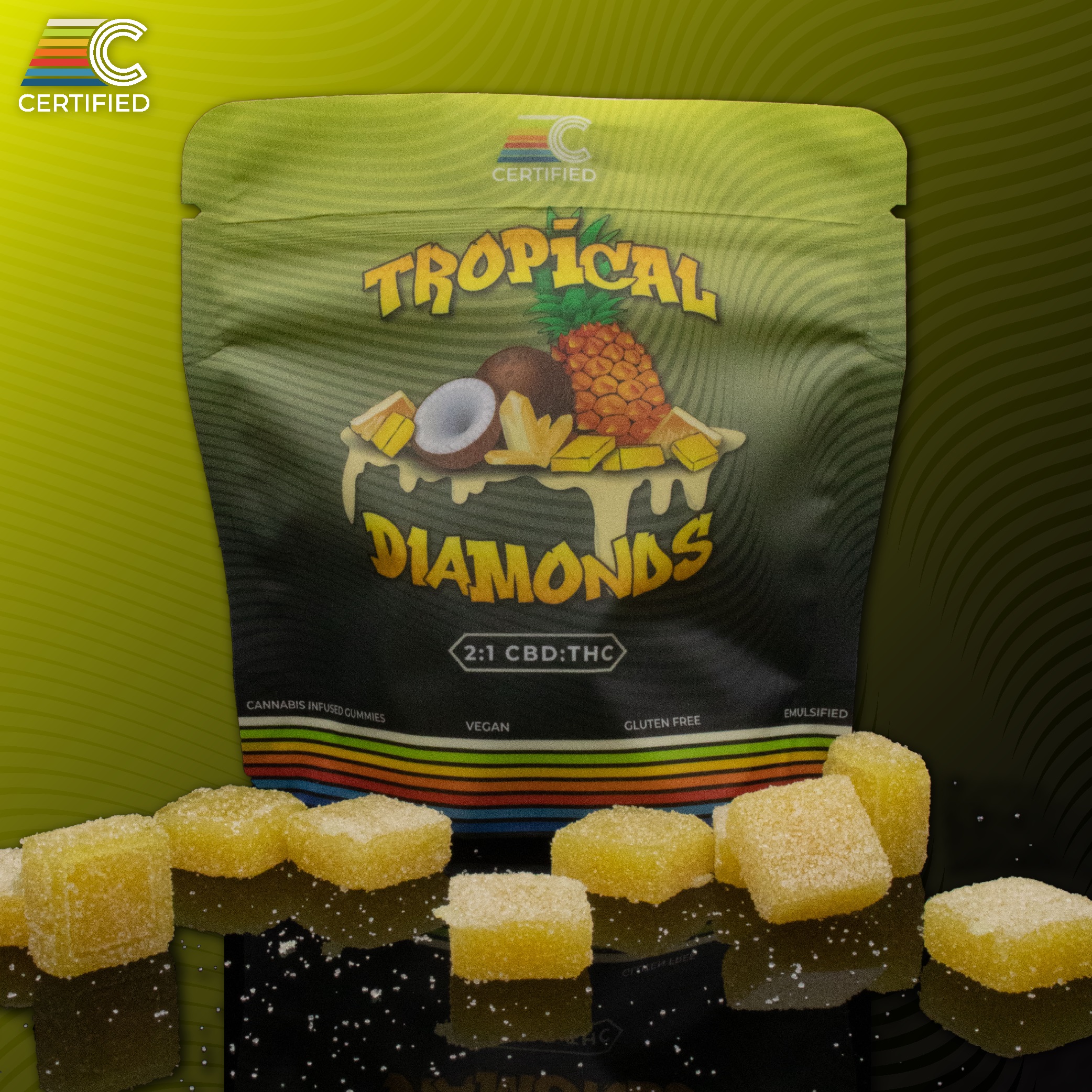 Photograph of product: Certified Cultivators | Tropical Diamonds 2:1 CBD:TH-oui 10pc | 100mg Gummies