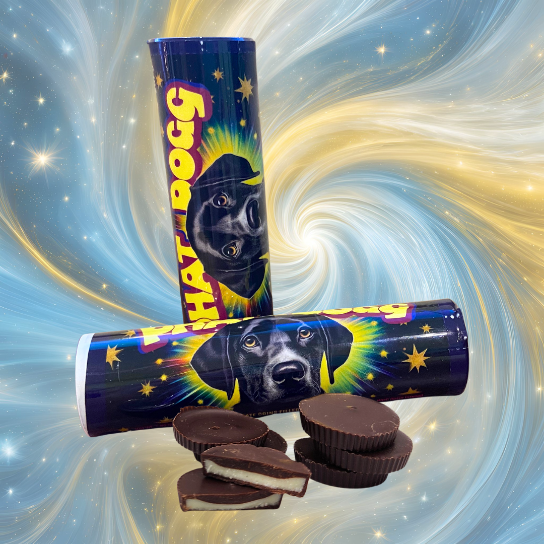 Photograph of product: Dark Chocolate Coins - White Chocolate Filled | Guava Funk au chocolat Rosin Infused | 20 Pack