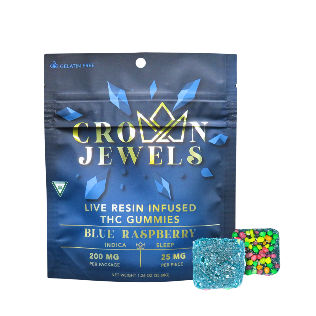 Photograph of Product: Gold Crown | Blue Raspberry Crown Jewels Live Resin Sleep Gummies | 8x25mg | 200mg