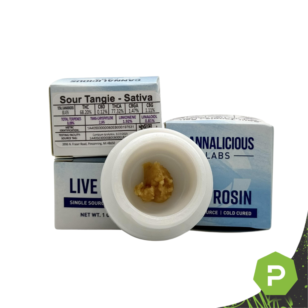 Photograph of product: Cannalicious | 1g Live Rosin | Sour Tangie