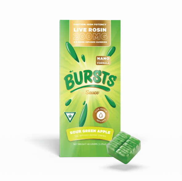 Photograph of product: Sour Green Apple Bursts | 50mg x 4pk | Live Rosin Infused | Sauce