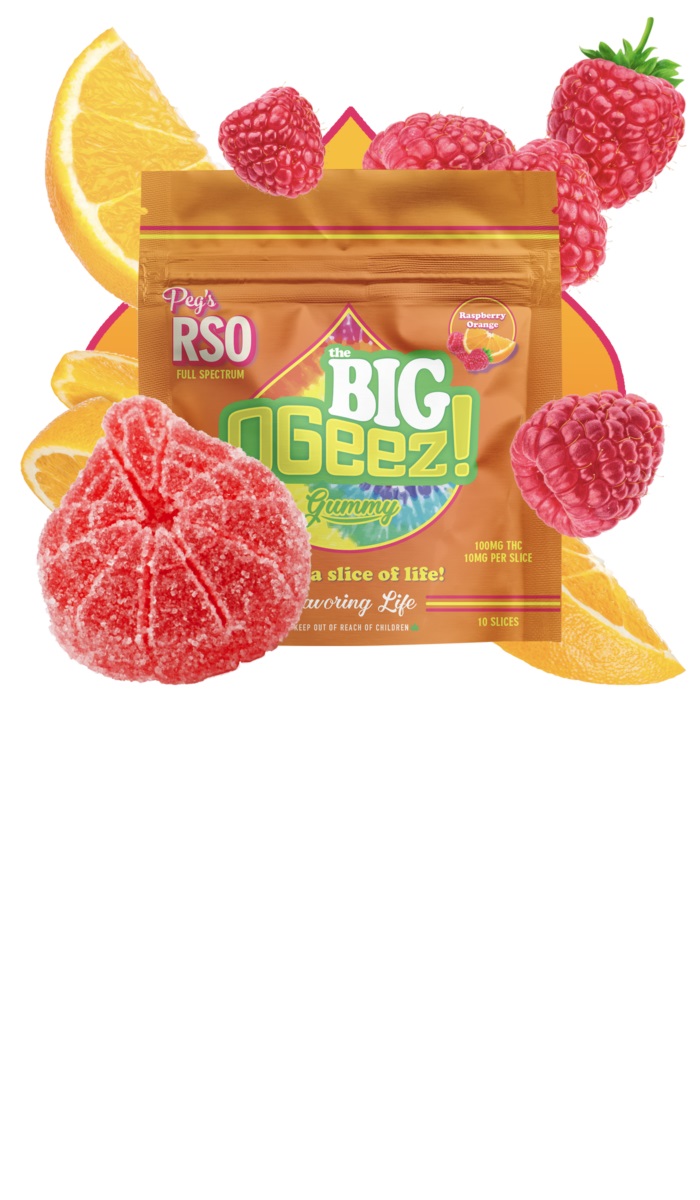 Photograph of product: OGeez! Big Peg's Raspberry Orange RSO Gummies 2x50mg