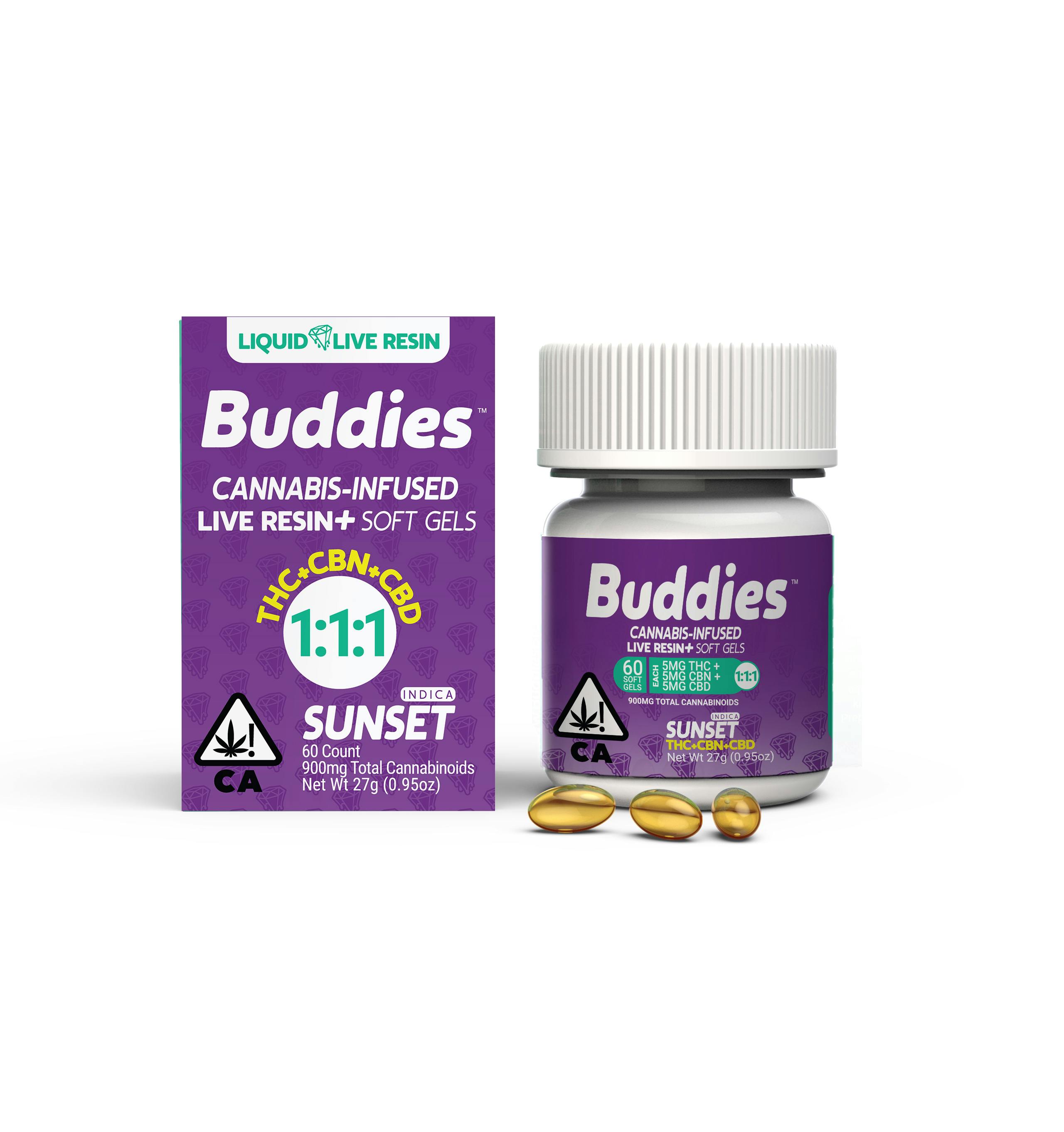 Photograph of product: Buddies - Sunset 1:1:1 (TH-oui/CBN/CBD) 60pc Liquid Live Resin Soft Gels - 900mg