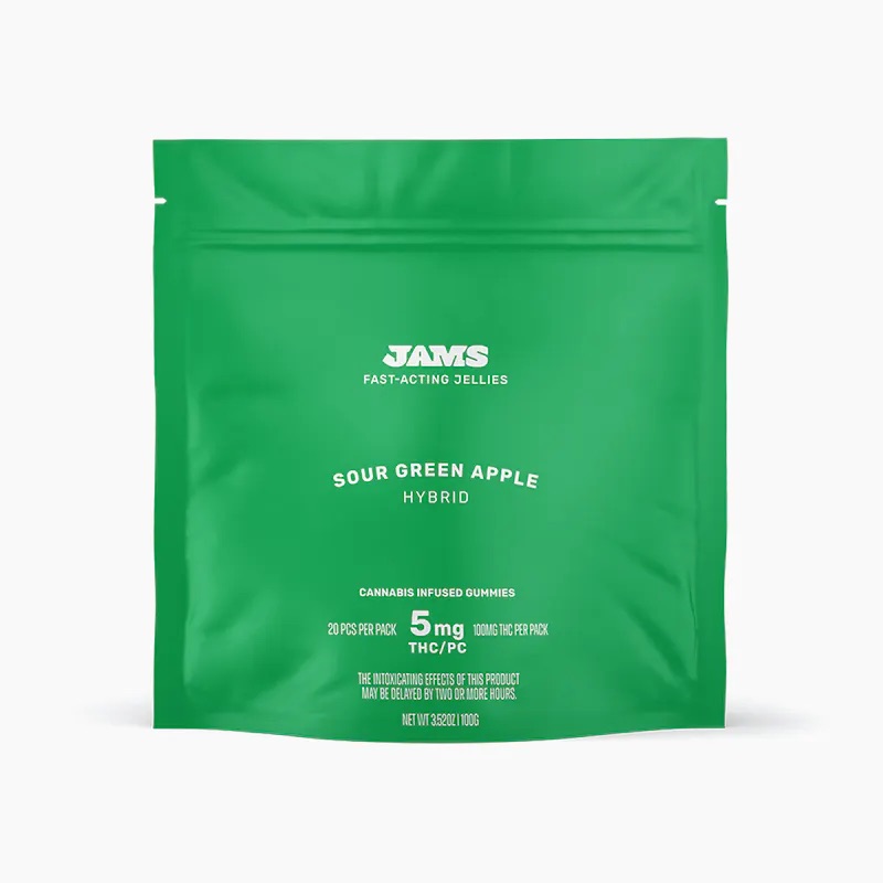 Photograph of product: JAMS Jellies Fast Acting Sour Green Apple 20 Pack 100mg Hybrid