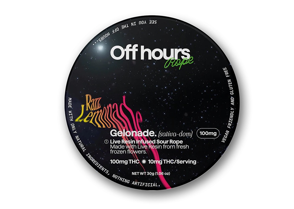 Photograph of product: Off Hours | Razz Lemonade | Gelonade Live Resin Infused Rope | 10mg/Serving | 100mg/Package