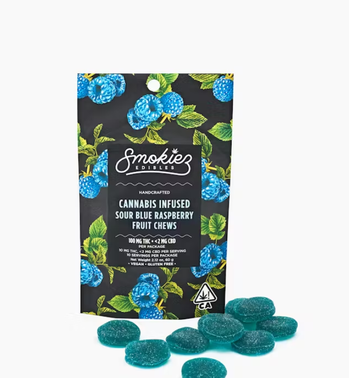 Photograph of product: SOUR BLUE RASPBERRY FRUIT CHEWS 10 PACK 100MG