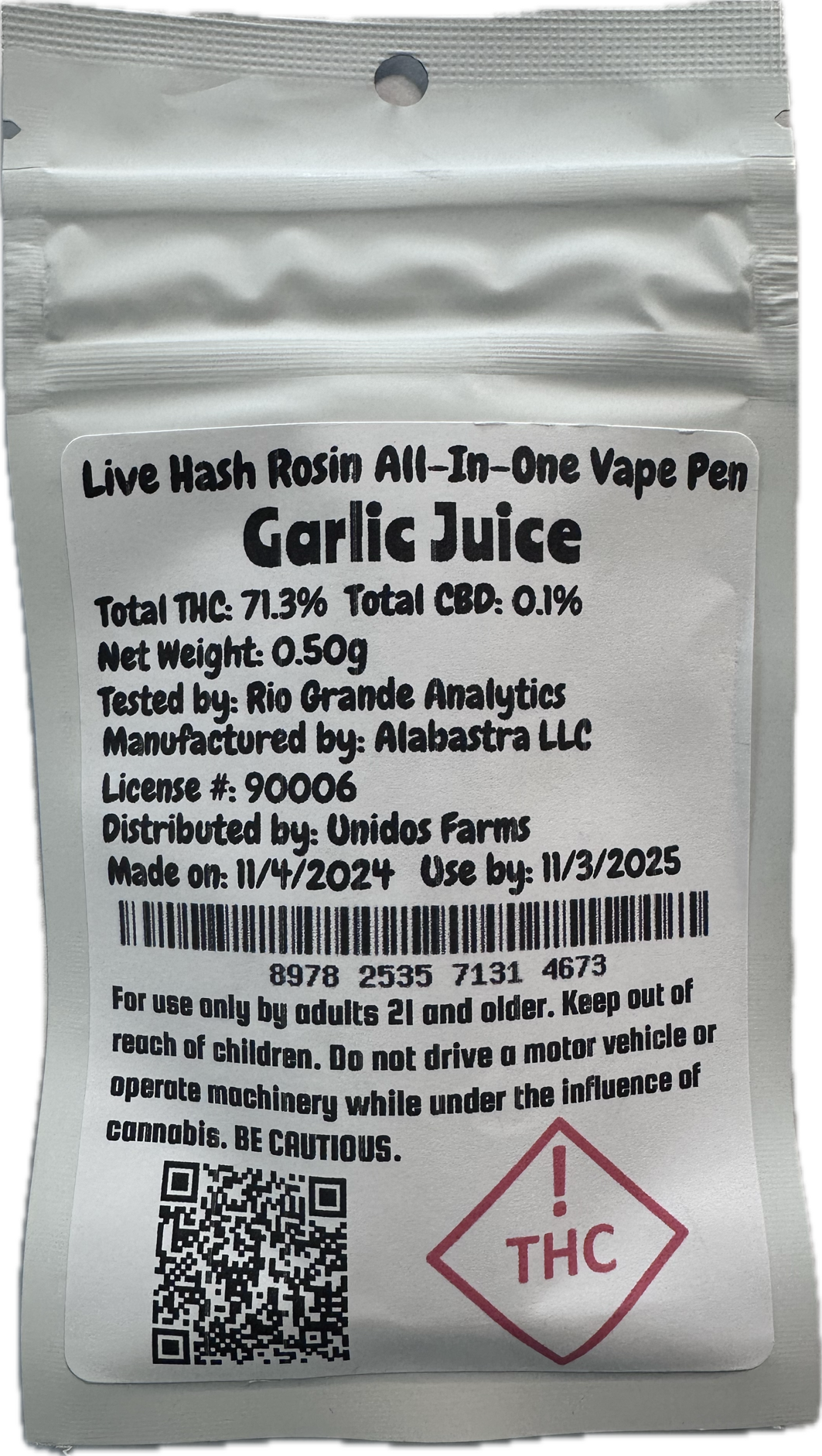 Photograph of product: Unidos Farms Garlic Juice Live Rosin AIO